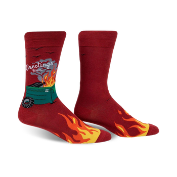 men's crew socks - dumpster fire design, funny novelty socks with burning dumpster graphic & "{greetings from...}" text.   