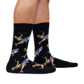 Lifestyle shot showing the socks on a person's feet against a white background.  The socks' design is clearly visible.