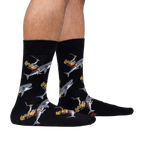 Lifestyle shot showing the socks on a person's feet against a white background.  The socks' design is clearly visible.