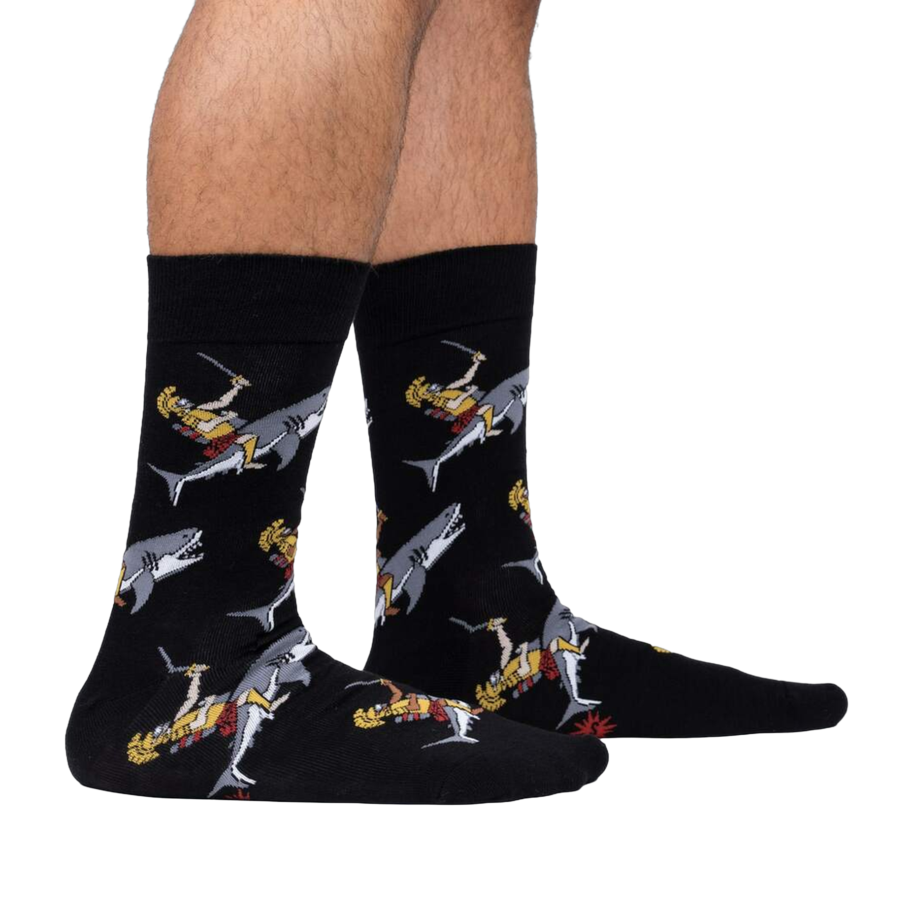 Lifestyle shot showing the socks on a person's feet against a white background.  The socks' design is clearly visible.