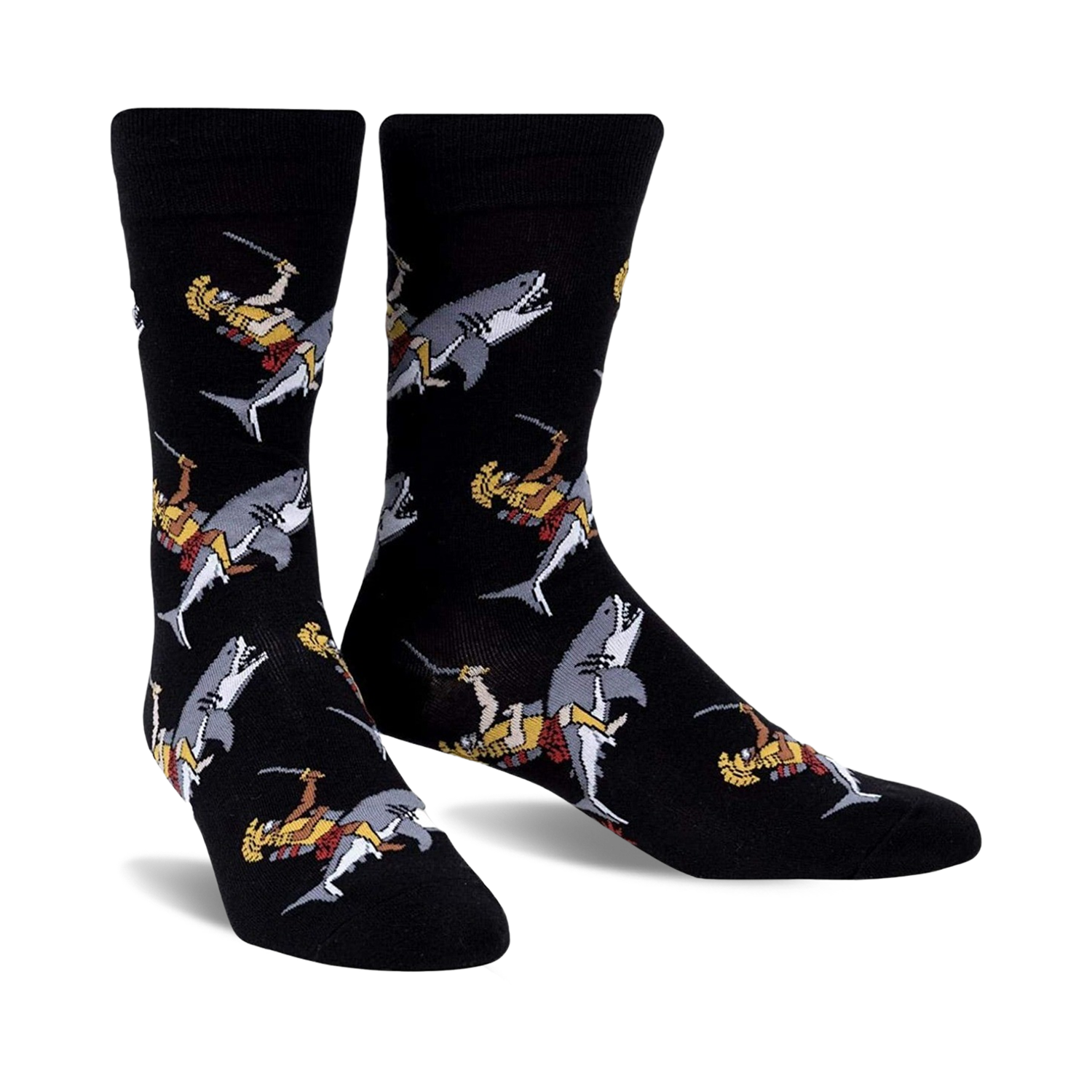 Pair of black crew socks featuring a repeating pattern of gladiators riding sharks.  The gladiators are depicted in gold, red, and white.