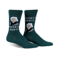 A pair of dark green crew socks.  They feature a cartoon image of Albert Einstein sticking his tongue out and the text 'Smarty Pants'.
