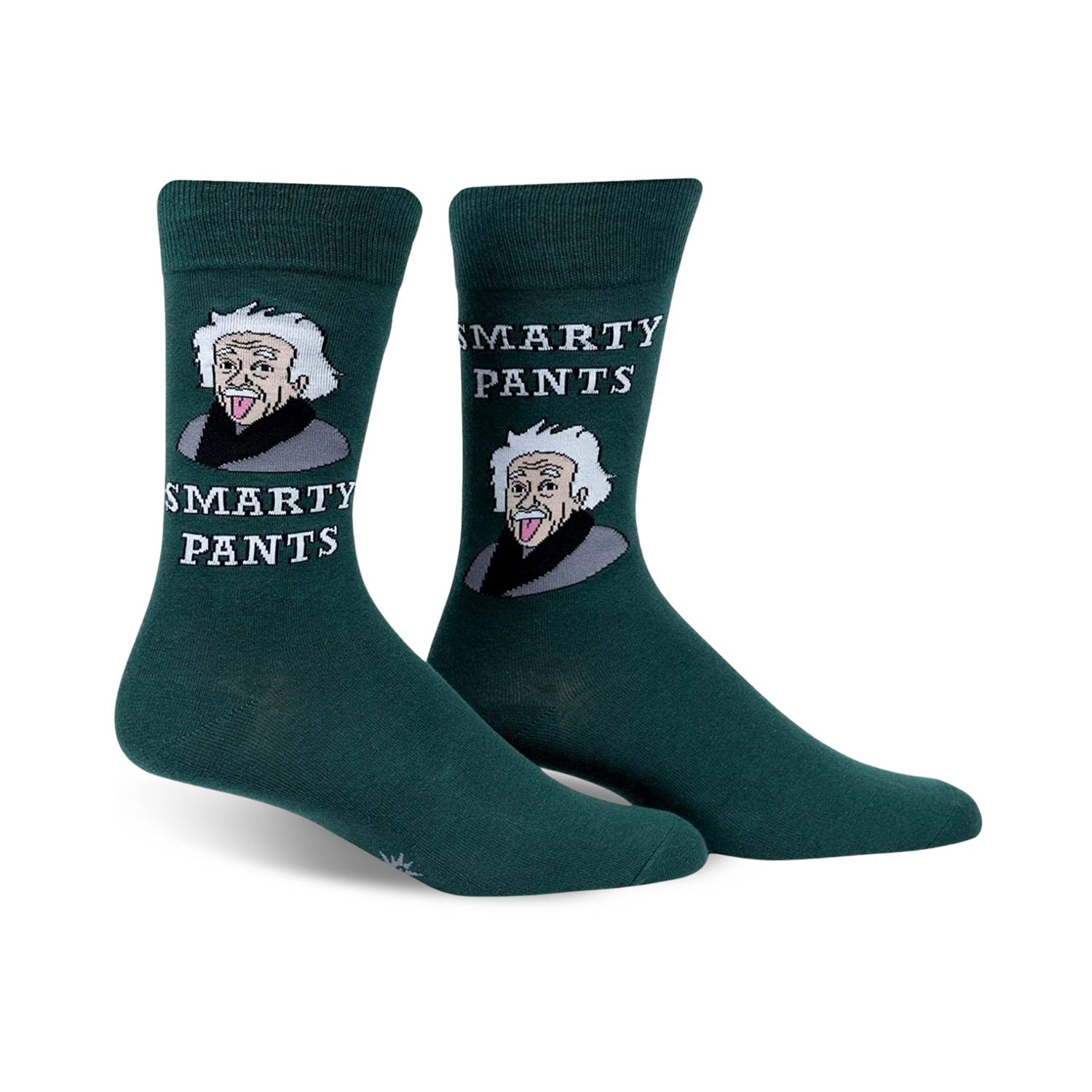 A pair of dark green crew socks.  They feature a cartoon image of Albert Einstein sticking his tongue out and the text 'Smarty Pants'.