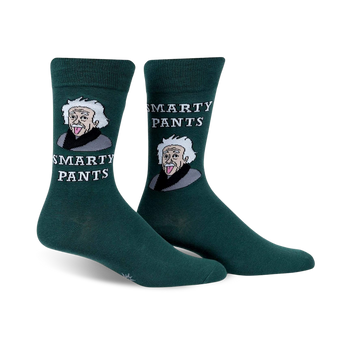 green crew socks with a portrait of albert einstein sticking his tongue out.  