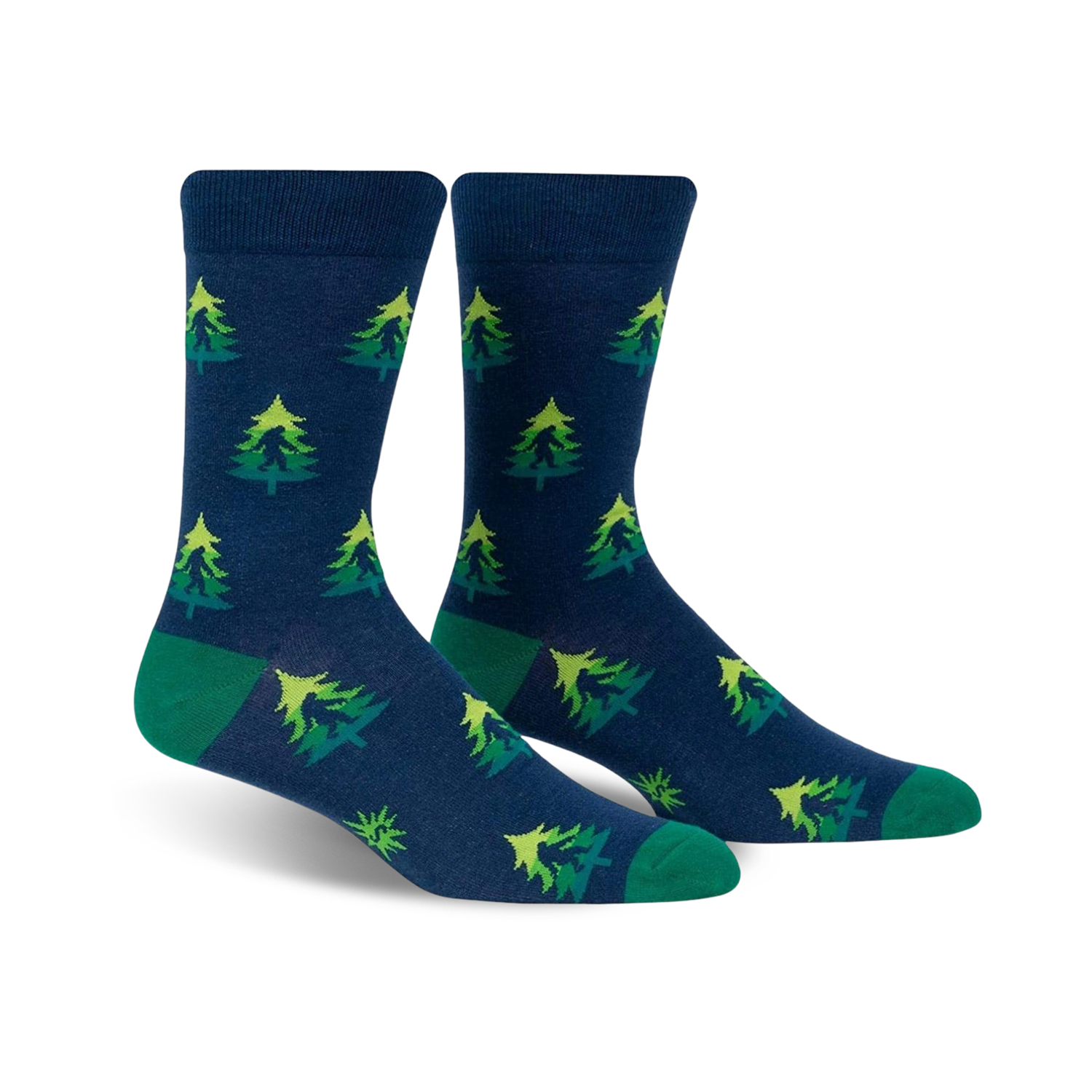 Pair of crew socks in navy blue with repeating lime green and darker green Christmas tree pattern. Green cuffs.