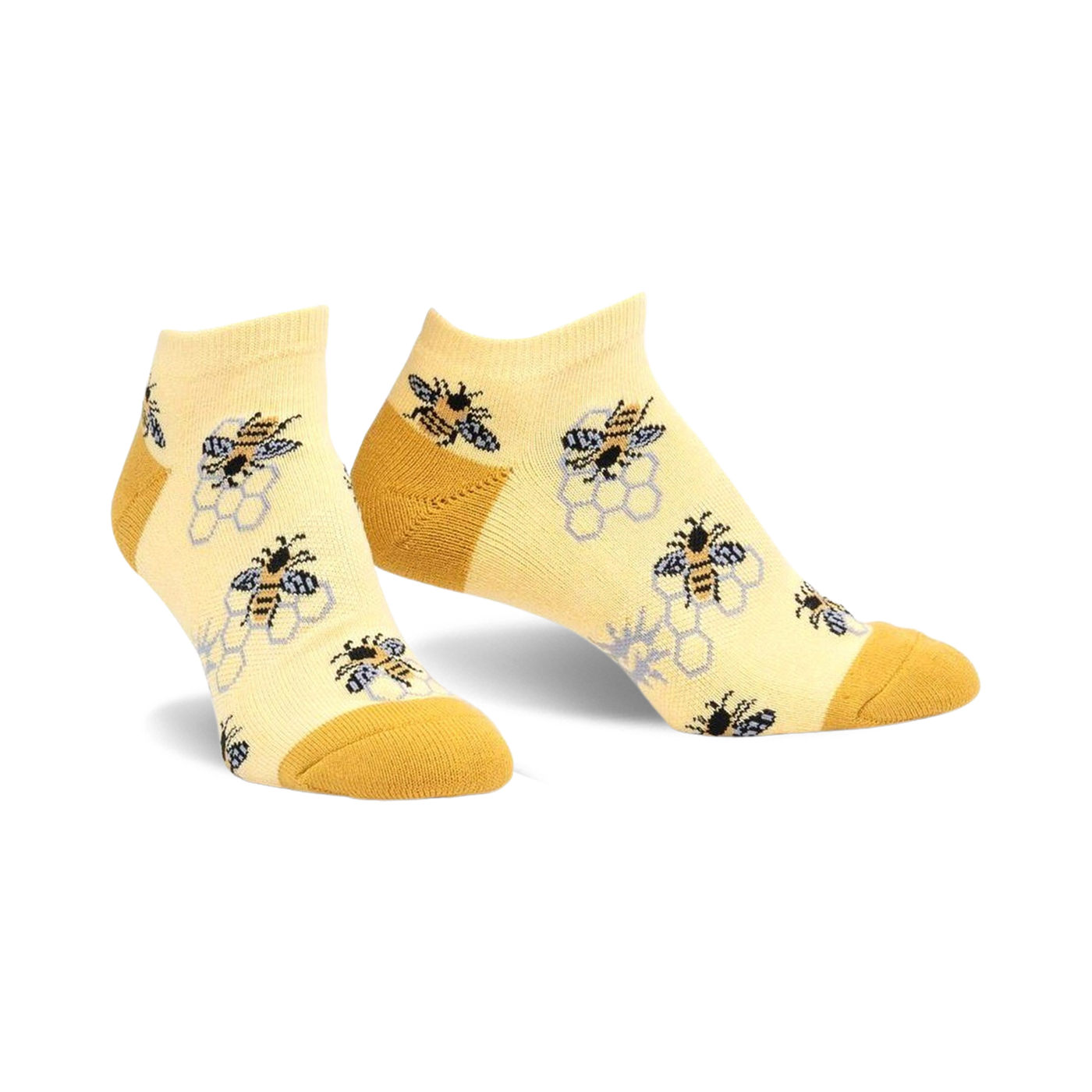 Pair of pastel yellow ankle socks with a pattern of bees and honeycombs.  The socks have a mustard yellow heel and toe.