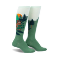 Knee-high socks in green and light green featuring a cartoon bear wearing sunglasses in a forest scene.  The words 'That's Shady' are on the sock.