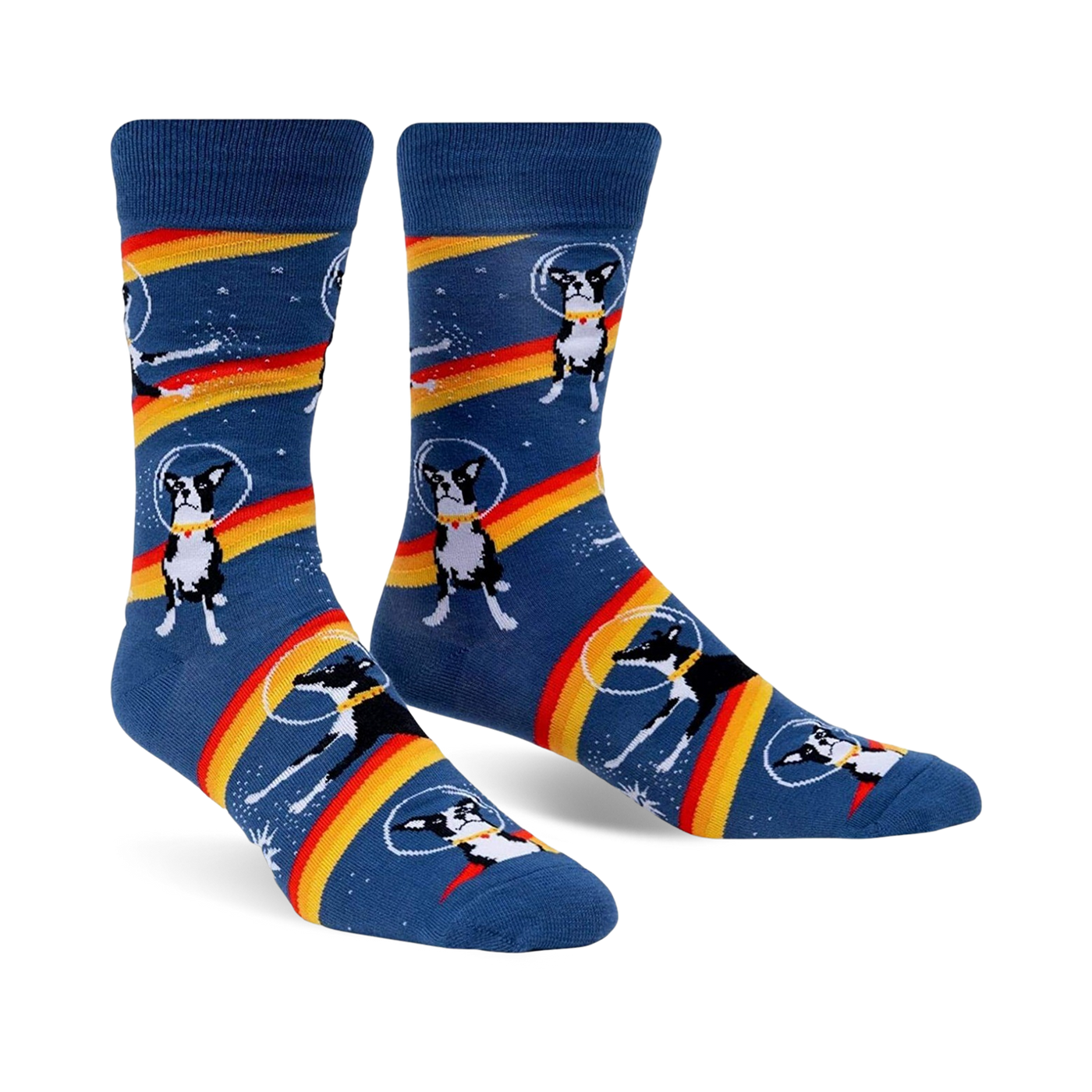 Crew socks in blue with a repeated pattern of Boston Terriers wearing astronaut helmets on a rainbow stripe in space. 