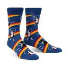 Crew socks in blue with a repeated pattern of Boston Terriers wearing astronaut helmets on a rainbow stripe in space. 