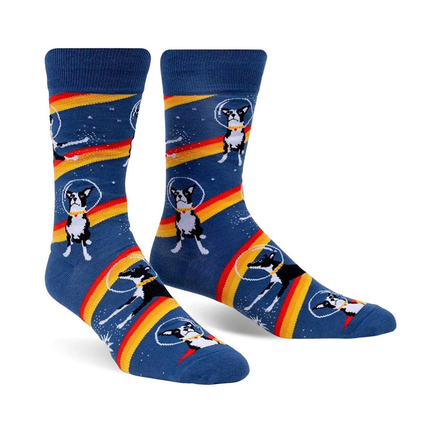 Crew socks in blue with a repeated pattern of Boston Terriers wearing astronaut helmets on a rainbow stripe in space. 