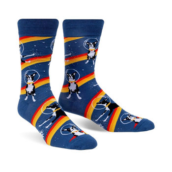 cosmic canines on a galactic mission - these blue crew mens' astro puppy socks are a stellar choice.  