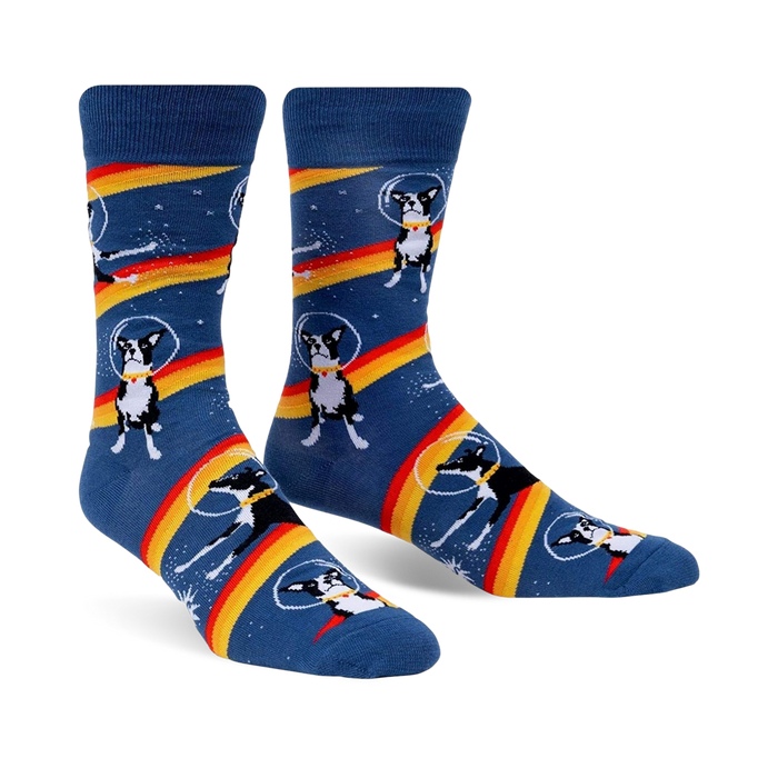 cosmic canines on a galactic mission - these blue crew mens' astro puppy socks are a stellar choice.   }}