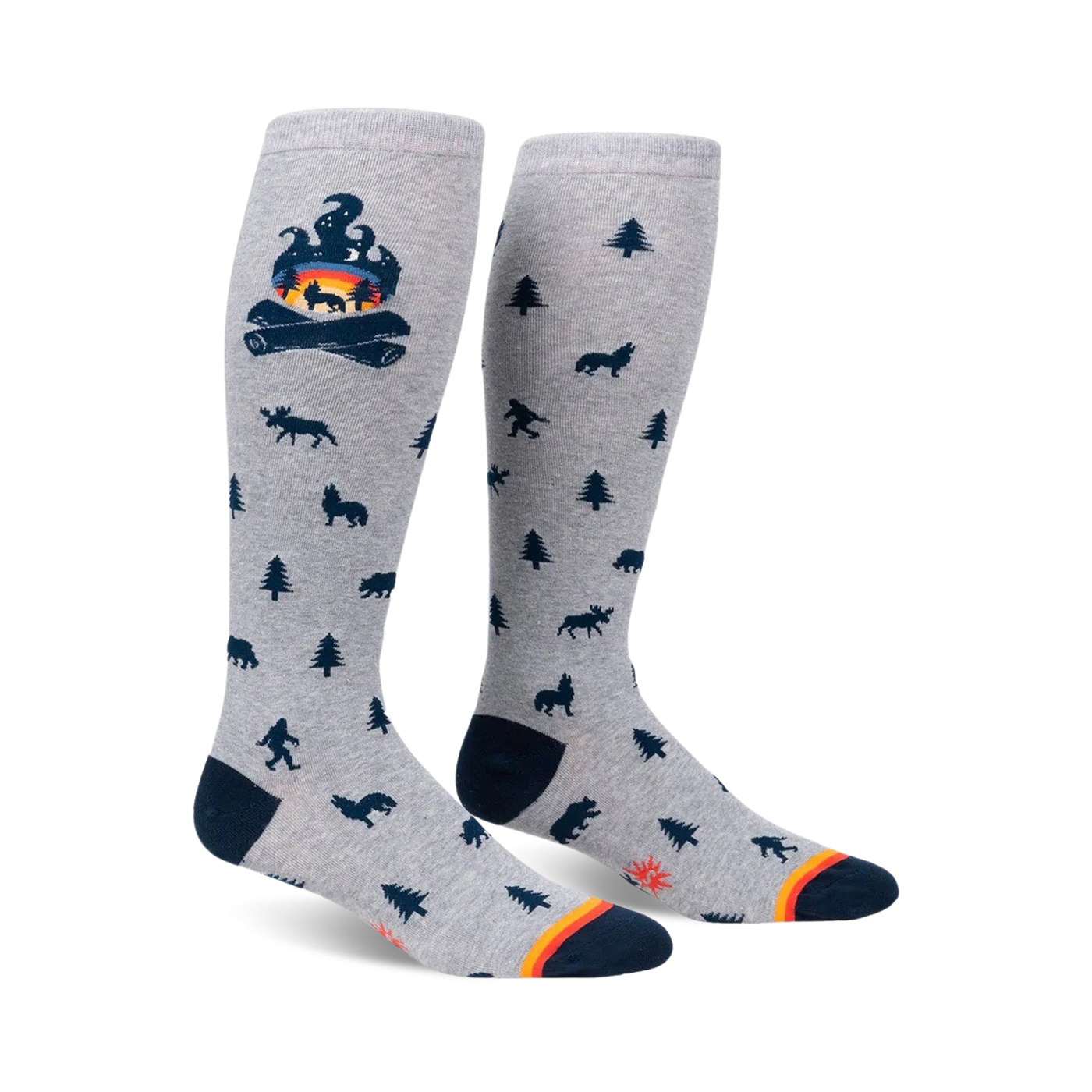 Knee-high socks in grey with a campfire and woodland creature design.  Dark blue and orange accents.