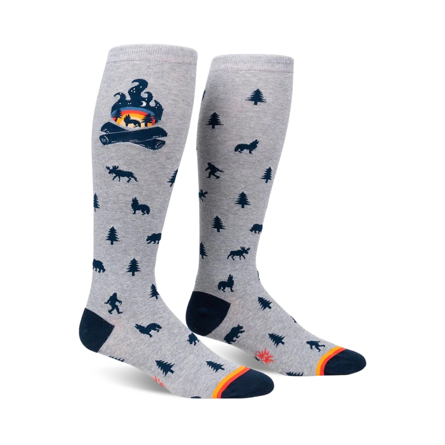 Knee-high socks in grey with a campfire and woodland creature design.  Dark blue and orange accents.