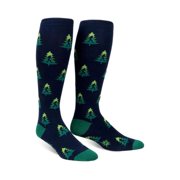 dark blue knee-high wide-calf unisex socks with green pine tree pattern, green toe, and heel.  