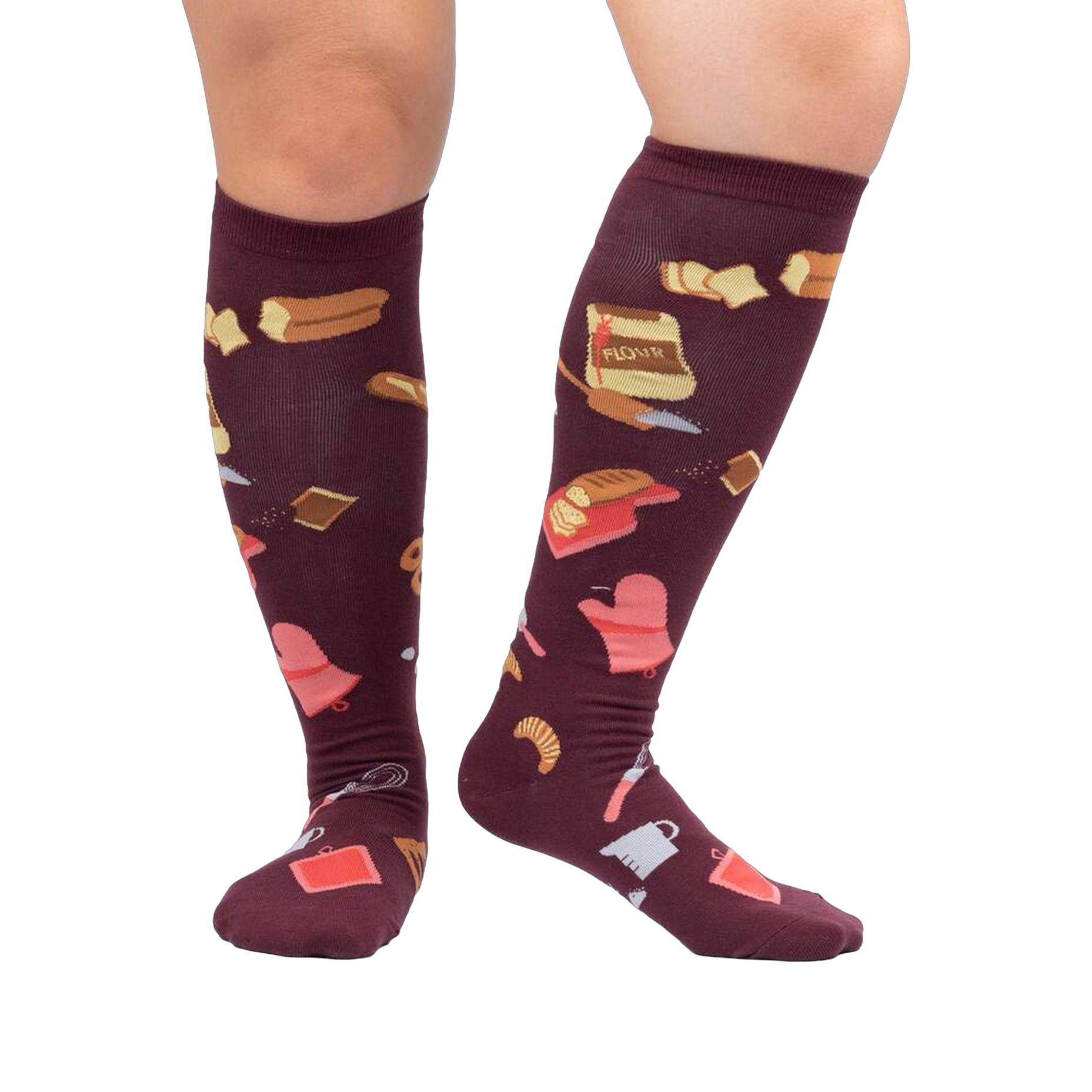 Lifestyle shot of 'Bake at 350' knee-high socks in burgundy on a person's legs against a white background.