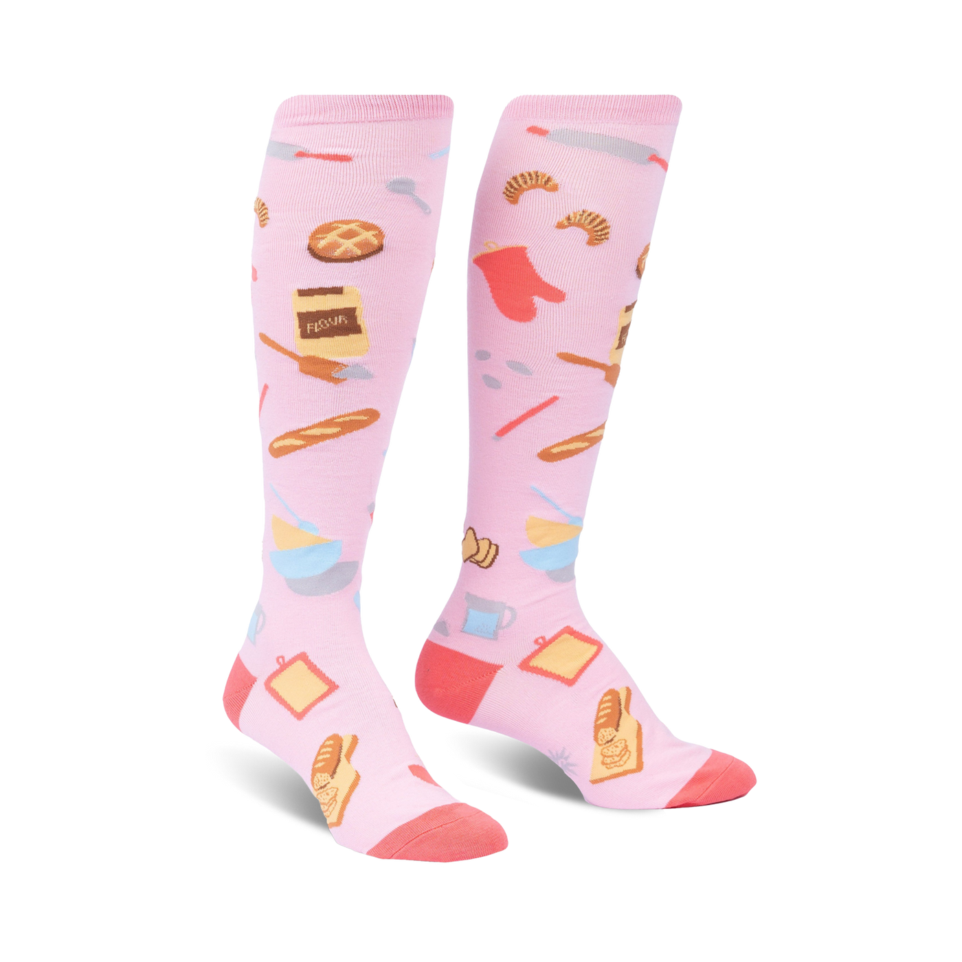 Pair of pink knee-high socks with a whimsical baking-themed pattern.  Features images of bread, flour, and other baking tools.