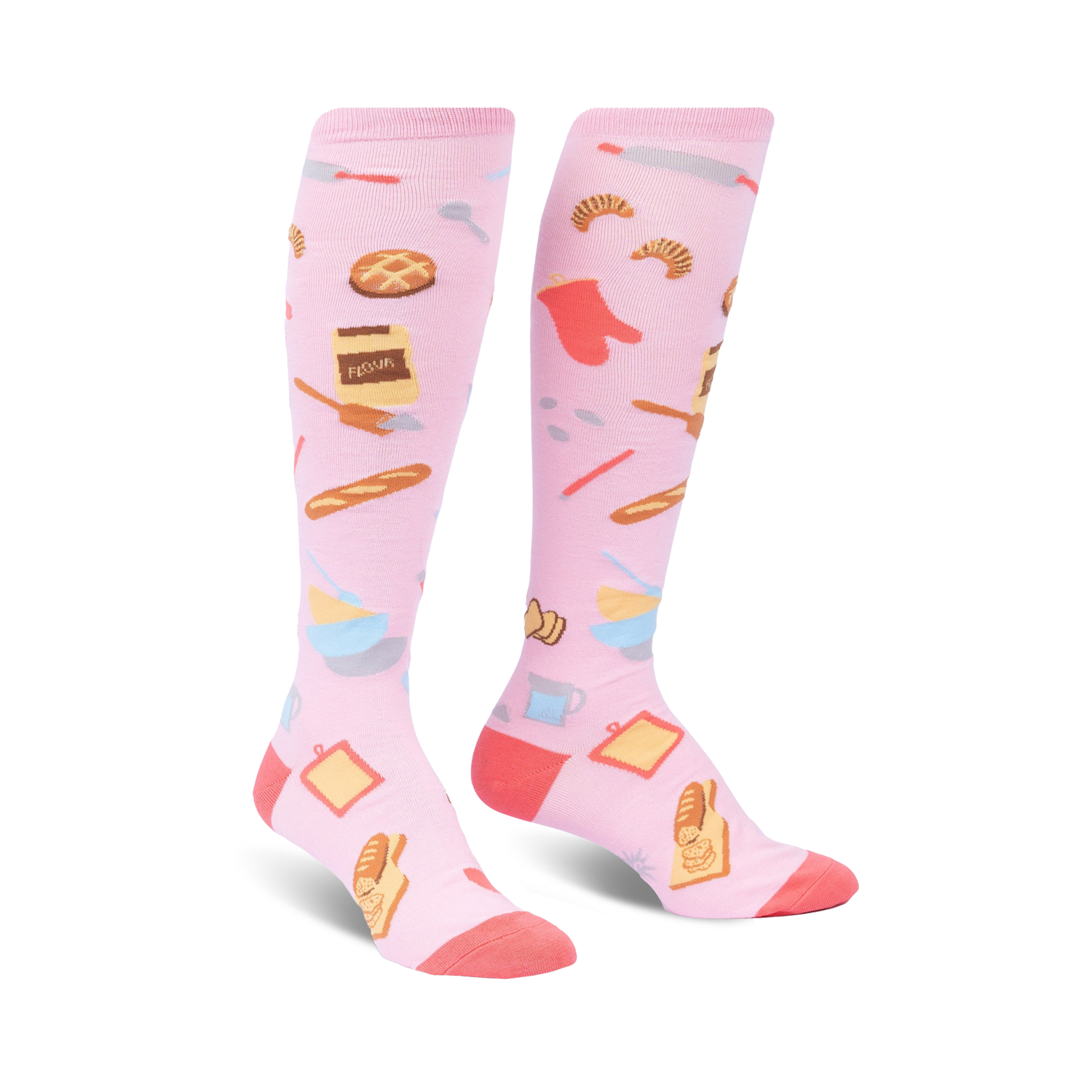 Pair of pink knee-high socks with a whimsical baking-themed pattern.  Features images of bread, flour, and other baking tools.