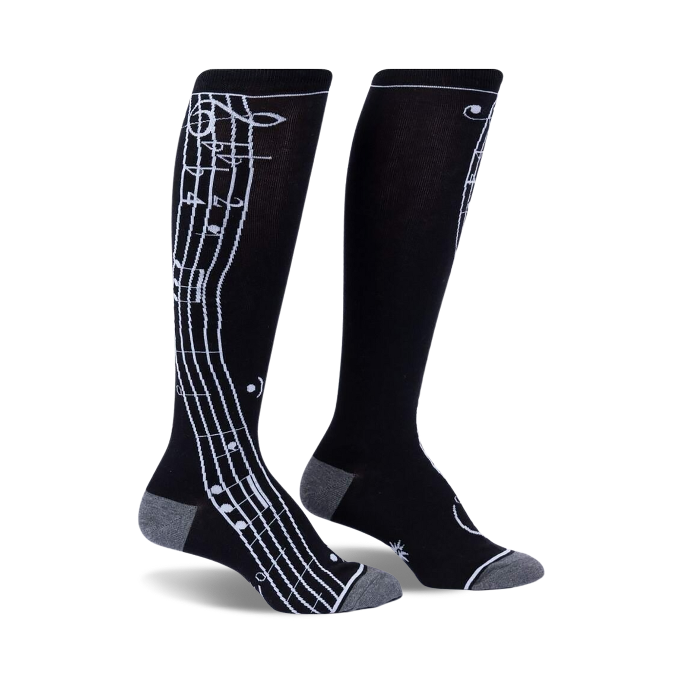 Pair of black knee-high socks with a musical note design.  Grey accents at the toe and cuff.