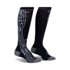 Pair of black knee-high socks with a musical note design.  Grey accents at the toe and cuff.