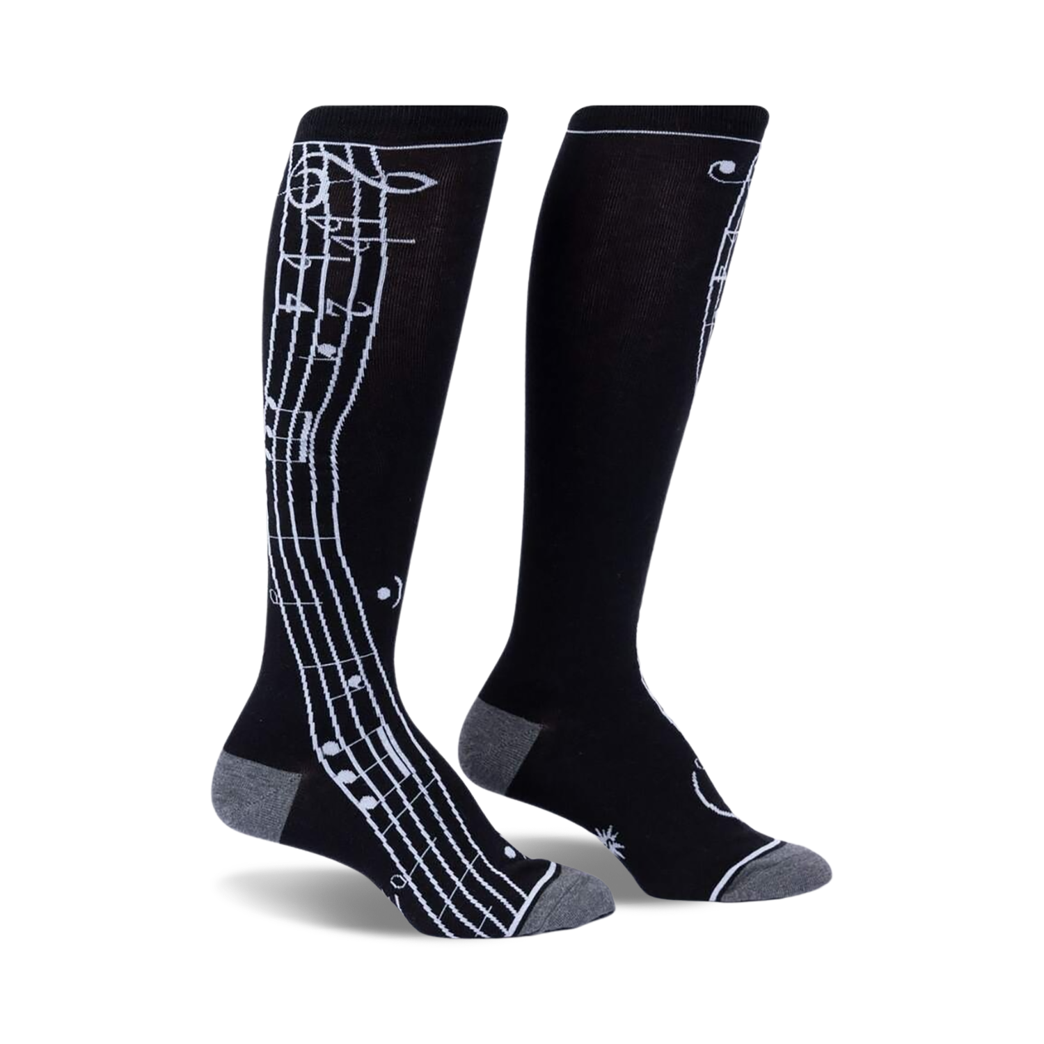 Pair of black knee-high socks with a musical note design.  Grey accents at the toe and cuff.