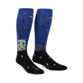 Pair of blue and black knee-high socks with a firefly and night sky design.  They glow in the dark!