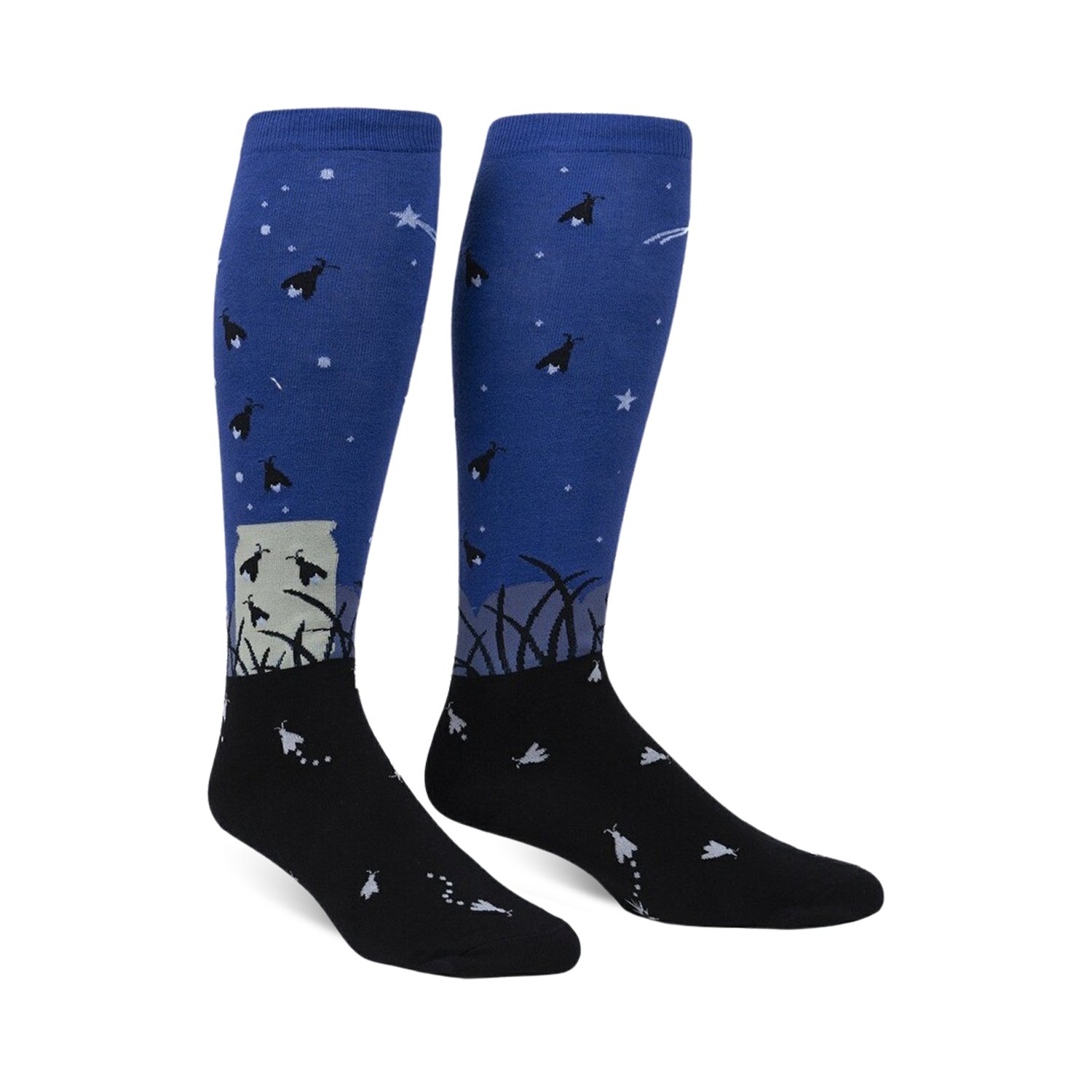 Pair of blue and black knee-high socks with a firefly and night sky design.  They glow in the dark!