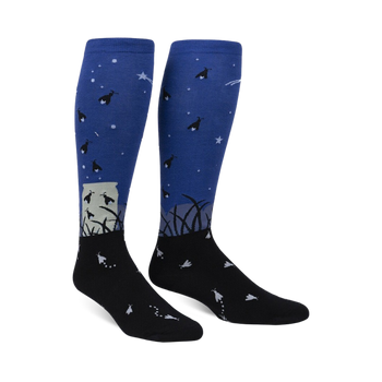 black toe and blue top socks with a house, flying fireflies, and stars design on the blue section.   