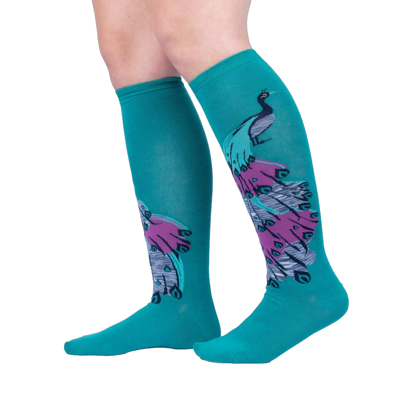 Lifestyle shot showcasing 'A Fan-tastic Tail' knee-high socks on a model's legs against a light gray background.