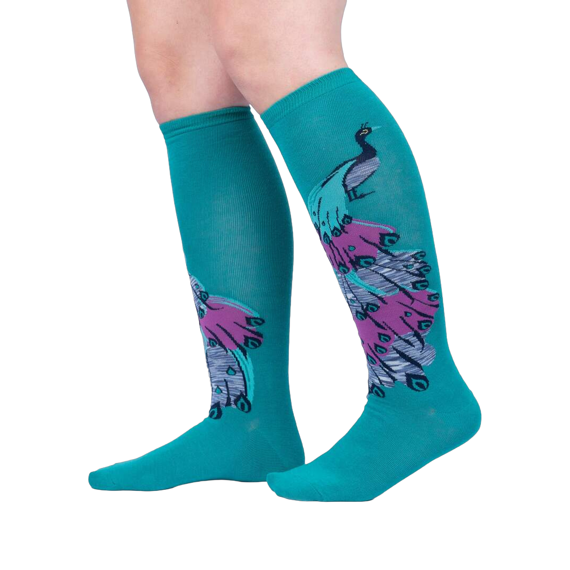 Lifestyle shot showcasing 'A Fan-tastic Tail' knee-high socks on a model's legs against a light gray background.