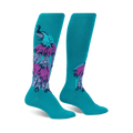 Pair of teal blue knee-high socks featuring a colorful peacock design.  Purple, gray, and teal accents.