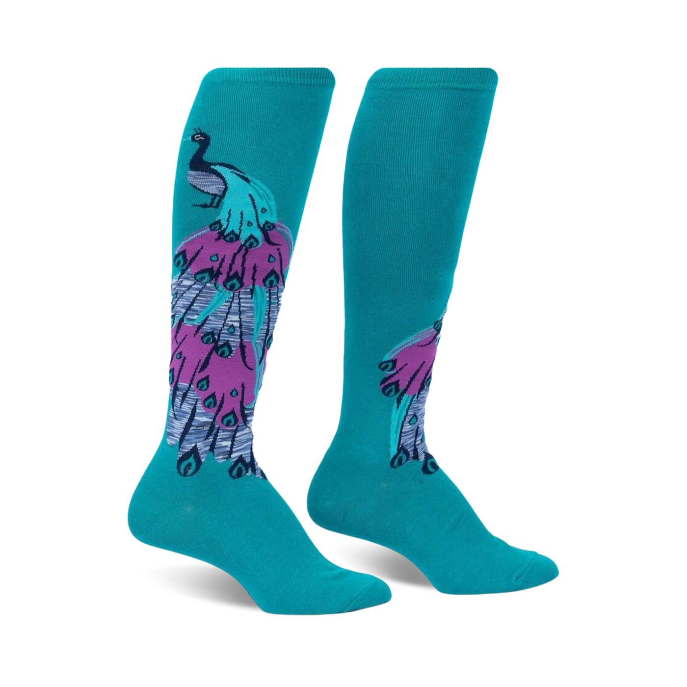 Pair of teal blue knee-high socks featuring a colorful peacock design.  Purple, gray, and teal accents.