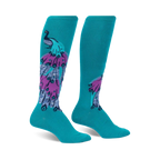 Pair of teal blue knee-high socks featuring a colorful peacock design.  Purple, gray, and teal accents.