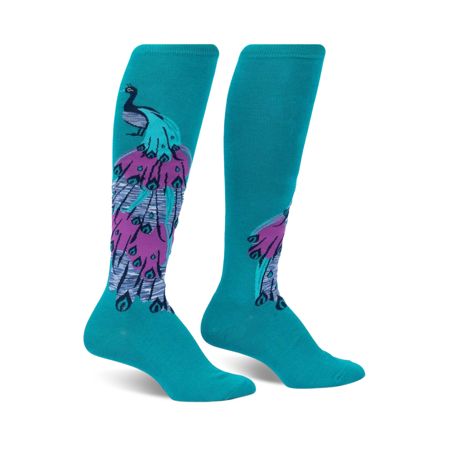 Pair of teal blue knee-high socks featuring a colorful peacock design.  Purple, gray, and teal accents.