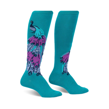 teal peacock pattern knee-high socks.  