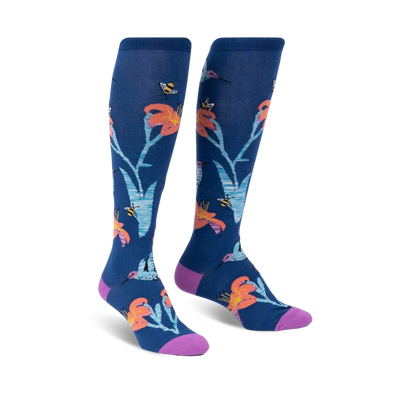 blue knee-high socks with pattern of hummingbirds, bees, and flowers.  