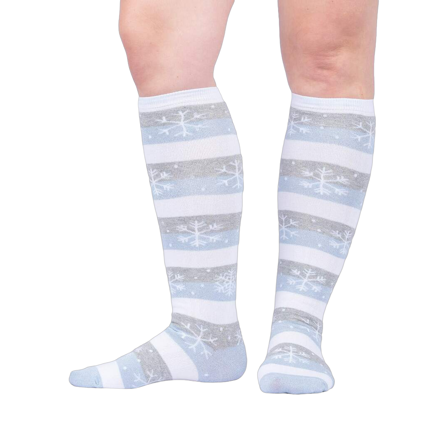 Lifestyle shot showing the socks on a person's legs against a light background.