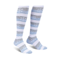 Pair of women's knee-high socks in blue, white, and grey stripes. Snowflake pattern accents the stripes.