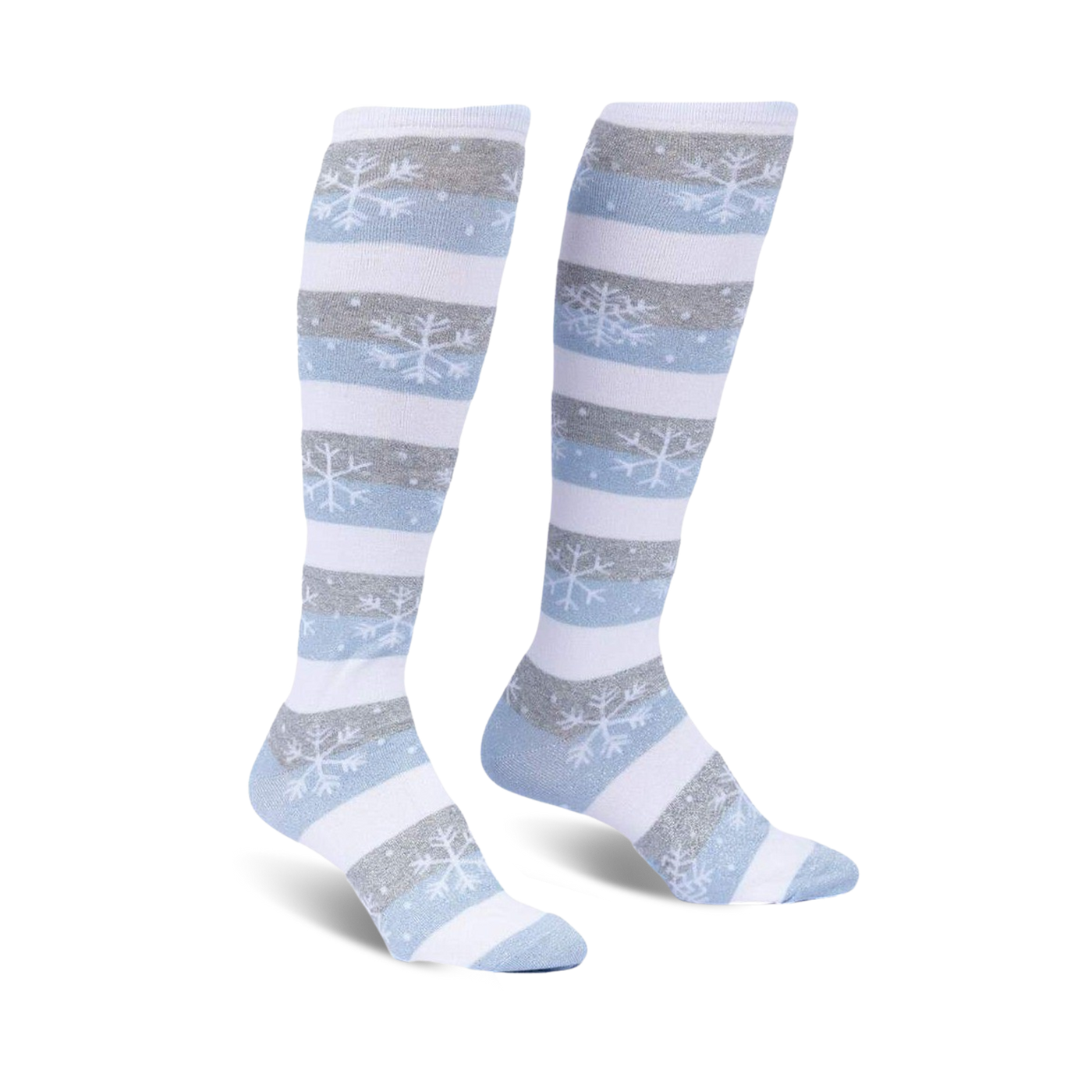 Pair of women's knee-high socks in blue, white, and grey stripes. Snowflake pattern accents the stripes.
