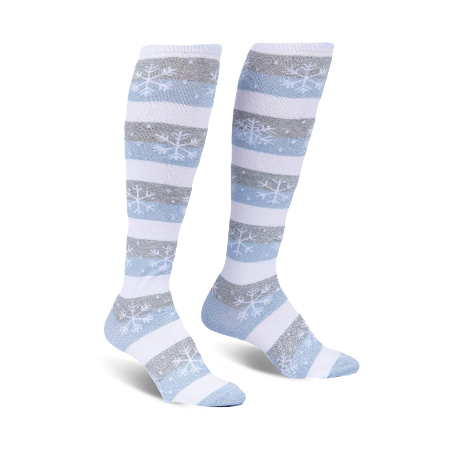 Pair of women's knee-high socks in blue, white, and grey stripes. Snowflake pattern accents the stripes.