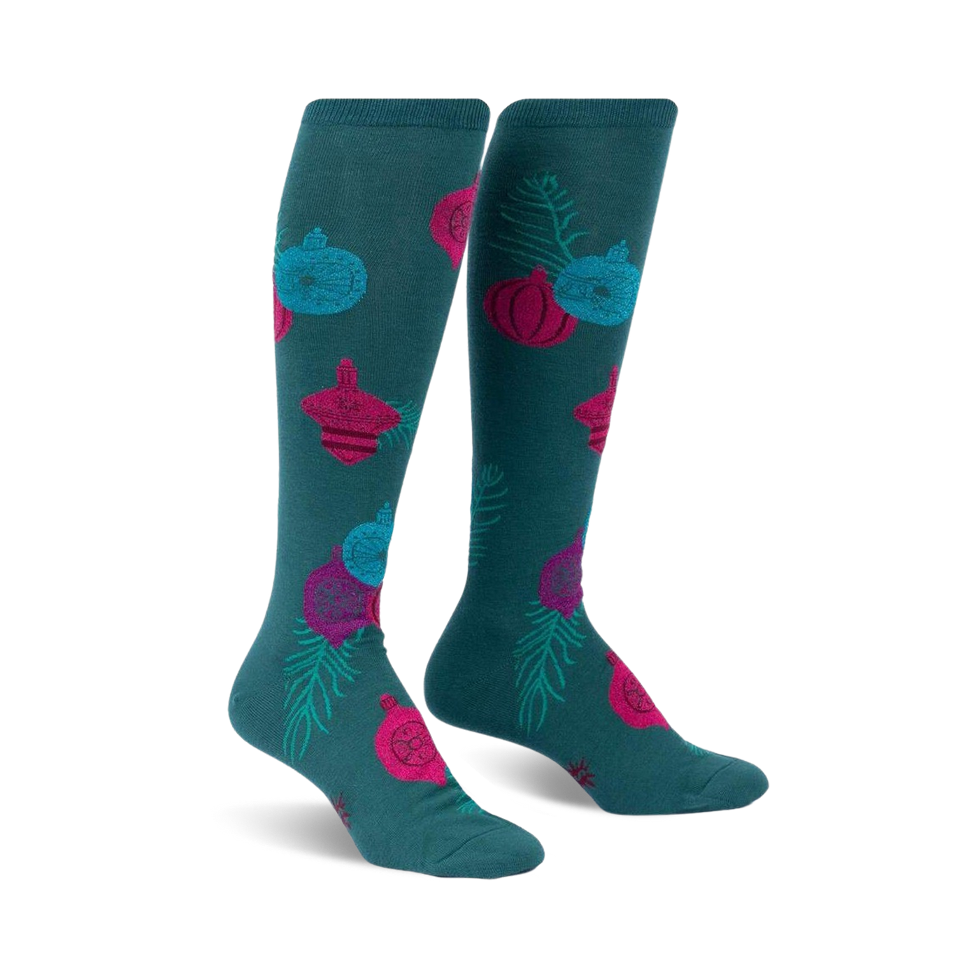 Pair of teal knee-high socks adorned with pink, teal, and blue ornaments and green sprigs.