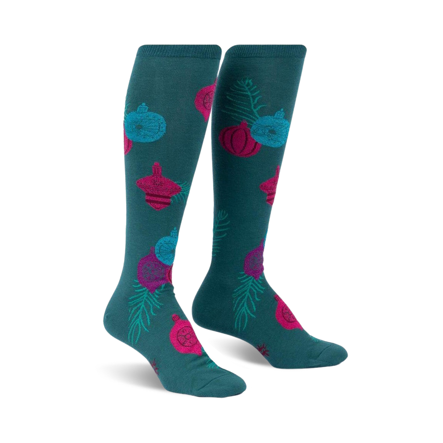 Pair of teal knee-high socks adorned with pink, teal, and blue ornaments and green sprigs.