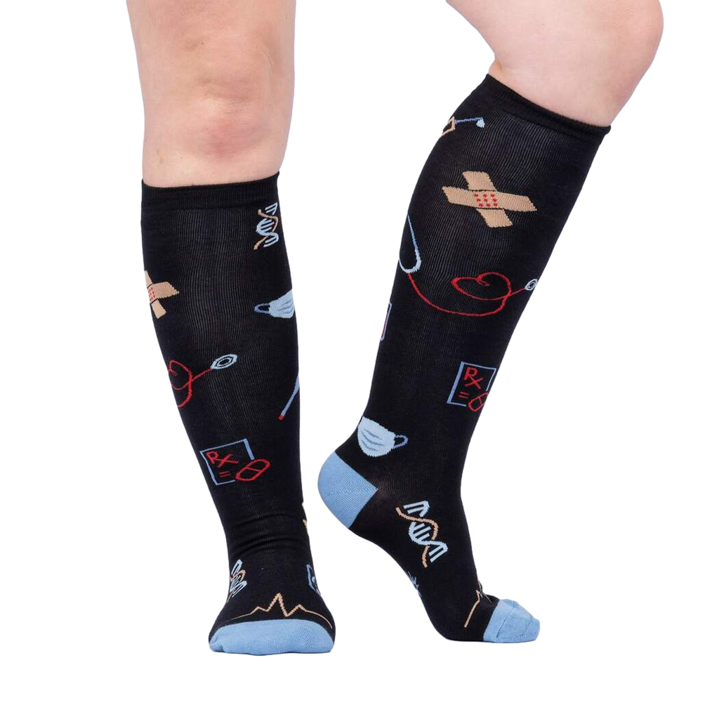Lifestyle photo showcasing Thoracic Park socks on a person's legs, highlighting the fit and design.