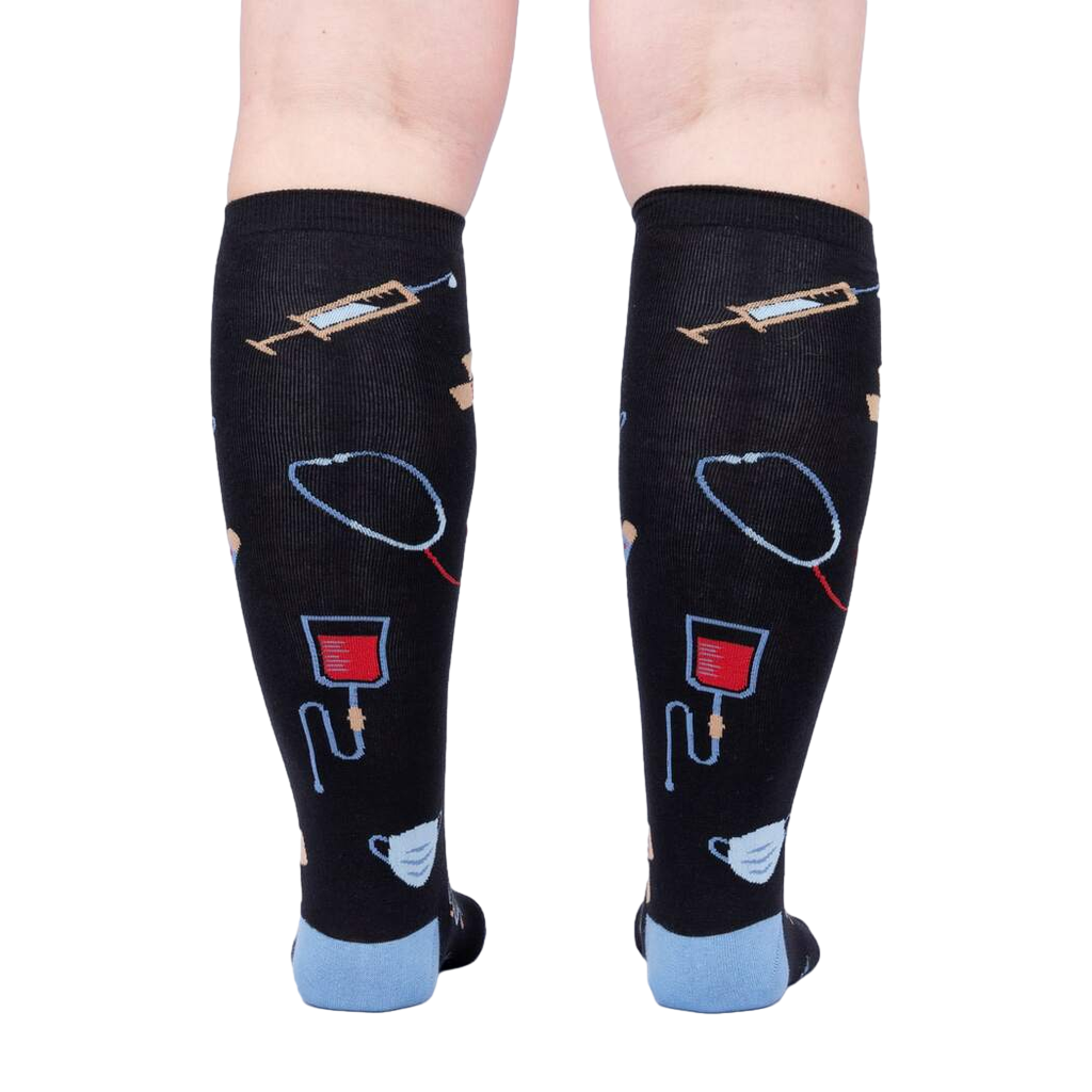 Back view of Thoracic Park socks, displaying the full design and showcasing the sock's rear print.