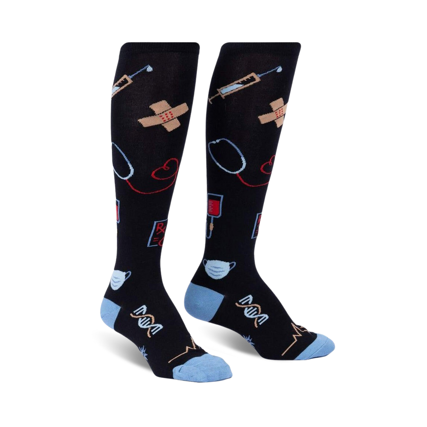 Pair of black knee-high socks with a light blue cuff.  The socks are adorned with colorful medical illustrations, including syringes, bandages, and stethoscopes.