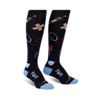 Pair of black knee-high socks with a light blue cuff.  The socks are adorned with colorful medical illustrations, including syringes, bandages, and stethoscopes.