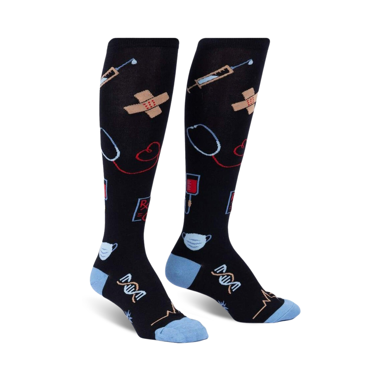 Pair of black knee-high socks with a light blue cuff.  The socks are adorned with colorful medical illustrations, including syringes, bandages, and stethoscopes.