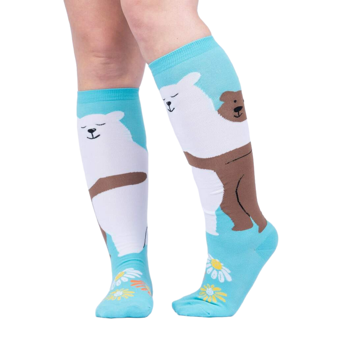 Lifestyle shot: Woman's legs wearing the 'Beary Best Friends' knee-high socks, showcasing the design and fit.