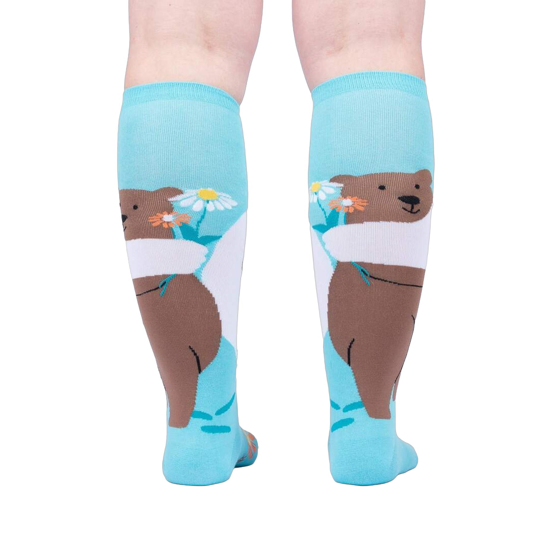 Back view of the socks, highlighting the bear and flower design on the back of the socks.