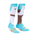 Pair of knee-high socks; teal background with white polar bear and brown bear hugging; daisies at the bottom.
